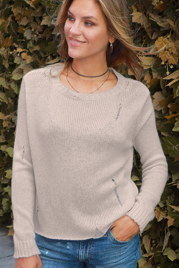 Distressed crew neck on sale sweater