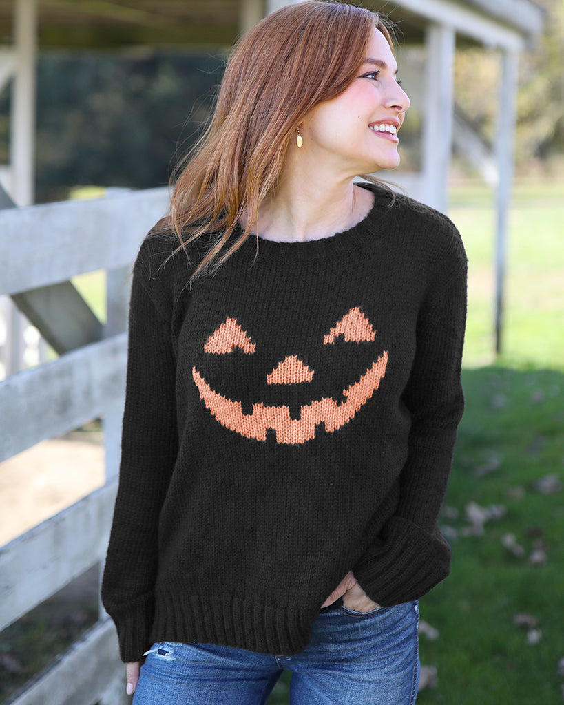 Jack O Lantern Crew Chunky Sweater Black Carrot Wooden Ships